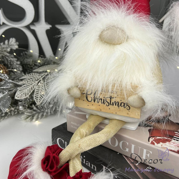 Новогодний гном с табличкой merry christmas красный