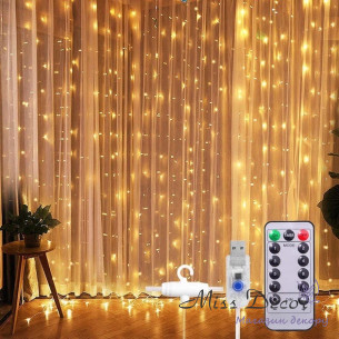 Гірлянда штора 3м * 3 м 300 led РОСА  від USB + пульт з гачками (тепле світло) 
