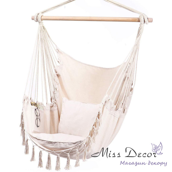 Підвісне крісло бразильський гамак boho 100см + 2 шт подушки beige (D-51024)