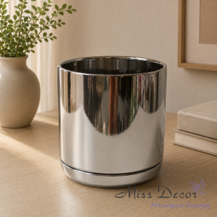 Керамічне кашпо з тарілкою срібне 13 см (31.172.13)