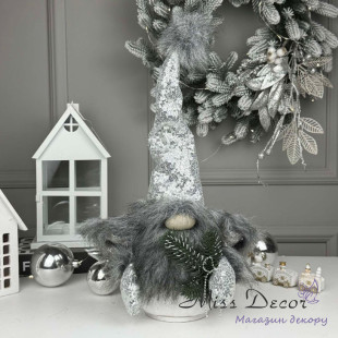 Новогодний гном серебряный с лед подсветкой 45 см (Y-294)