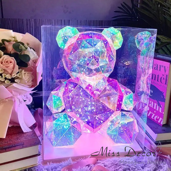 Ведмедик голографічний 3d led з рожевим серцем 17 см від usb (D-6435)