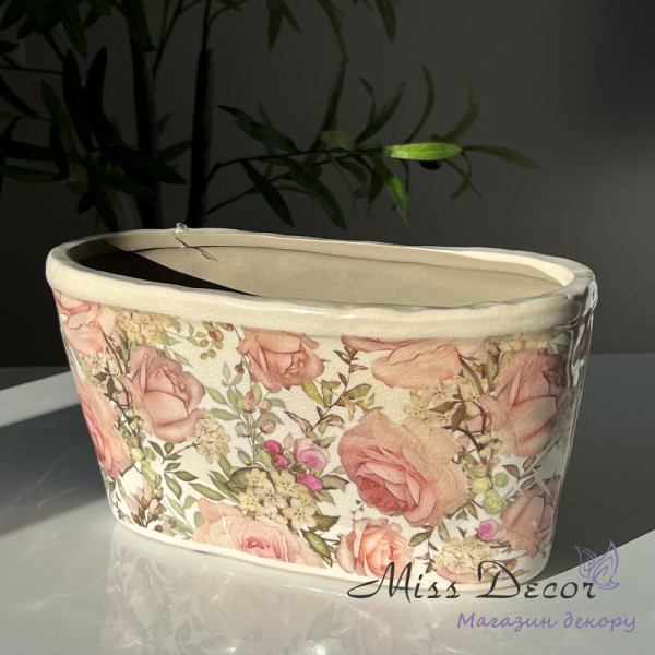 Керамічне кашпо овальне велике vintage roses b082 - t01 - st2001f - 1