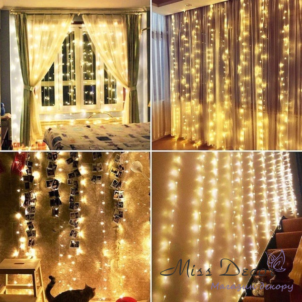 Гірлянда штора 3м * 3 м 300 led РОСА  від USB + пульт з гачками (тепле світло) 