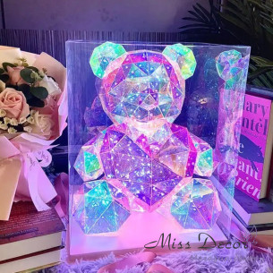 Ведмедик голографічний 3d led з рожевим серцем 17 см від usb (D-6435)