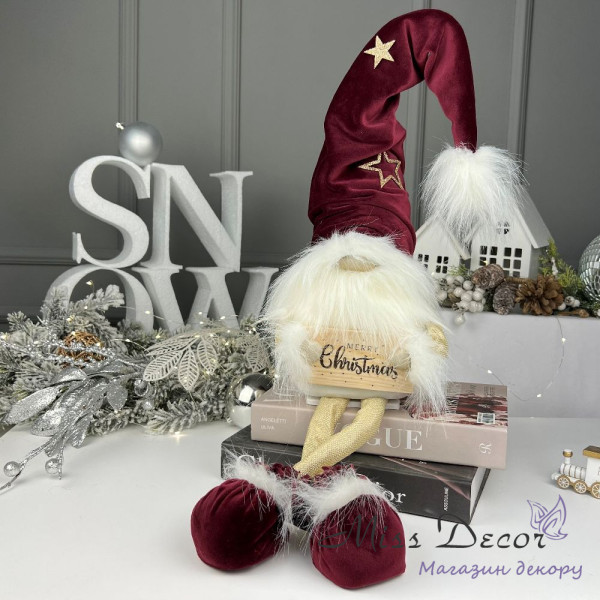 Новогодний гном с табличкой merry christmas бордовый